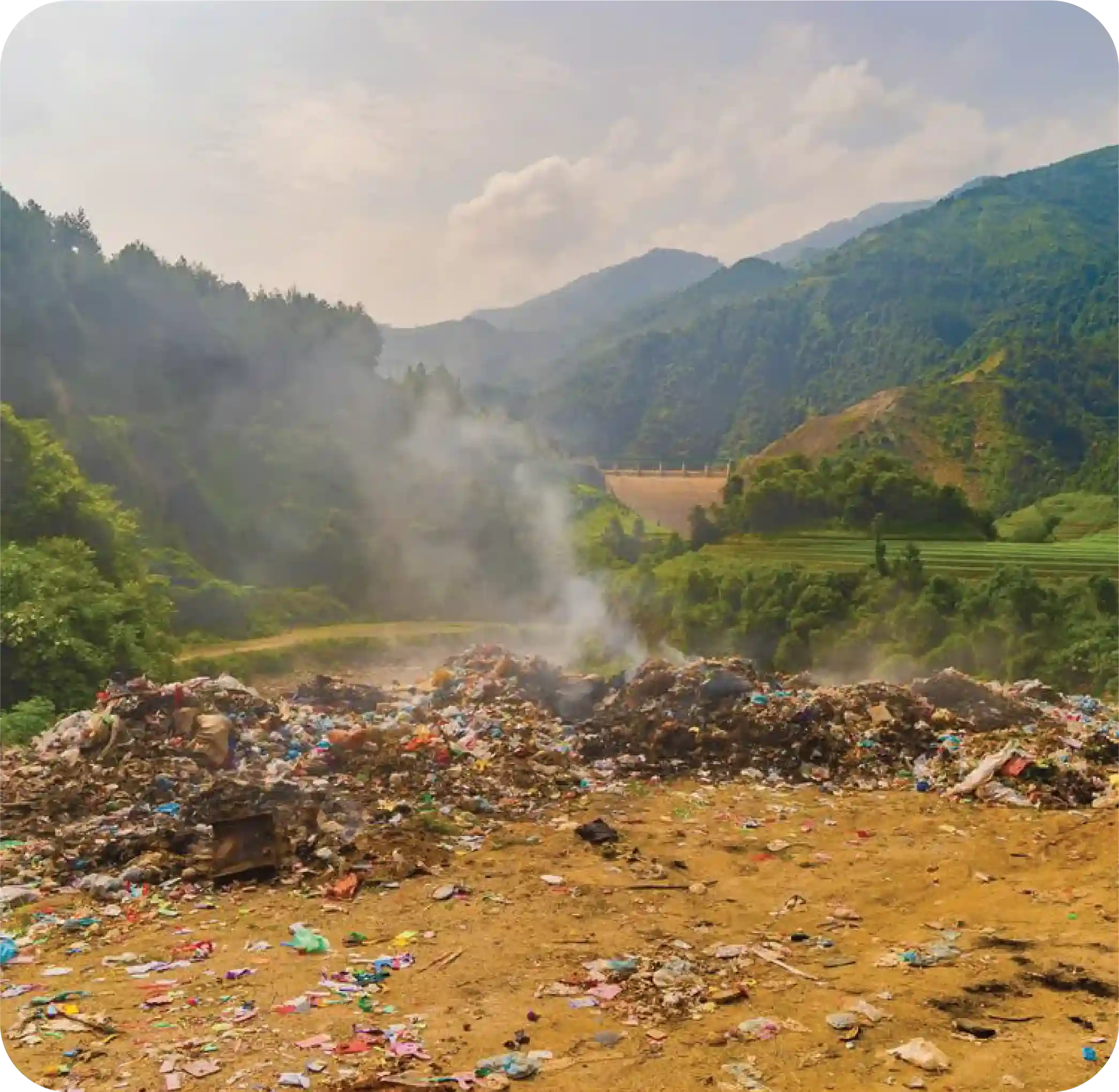 Waste accumulation in a hilly area identified as a cleanup hotspot for environmental restoration